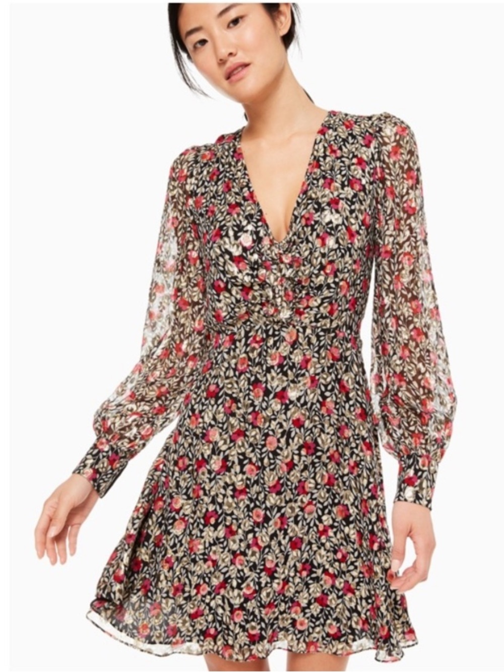 Kate Spade Floral Park Clip Dot Dress Size 6 Silk Long Sleeve Red Gold Black